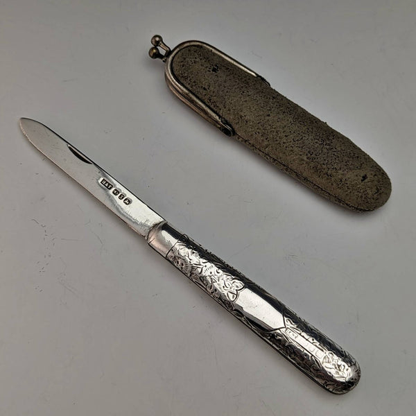1897 British antique sterling silver folding pen knife Hilliard and Thomason with case